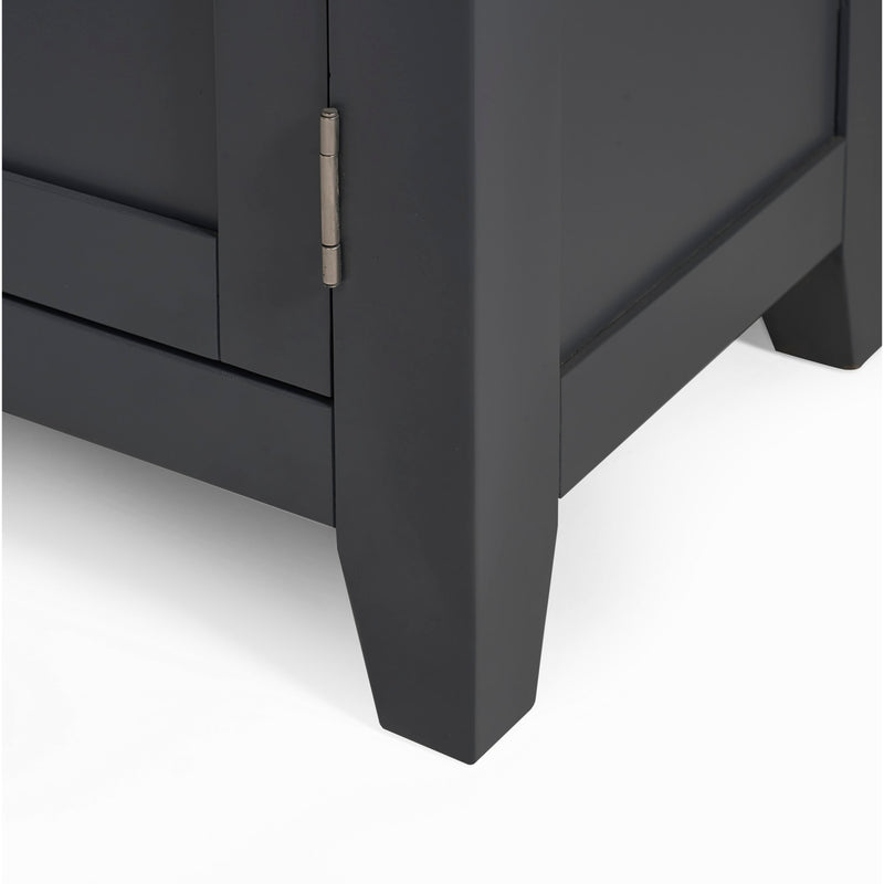 Close-up of a dark gray cabinet corner with a visible hinge on a white background