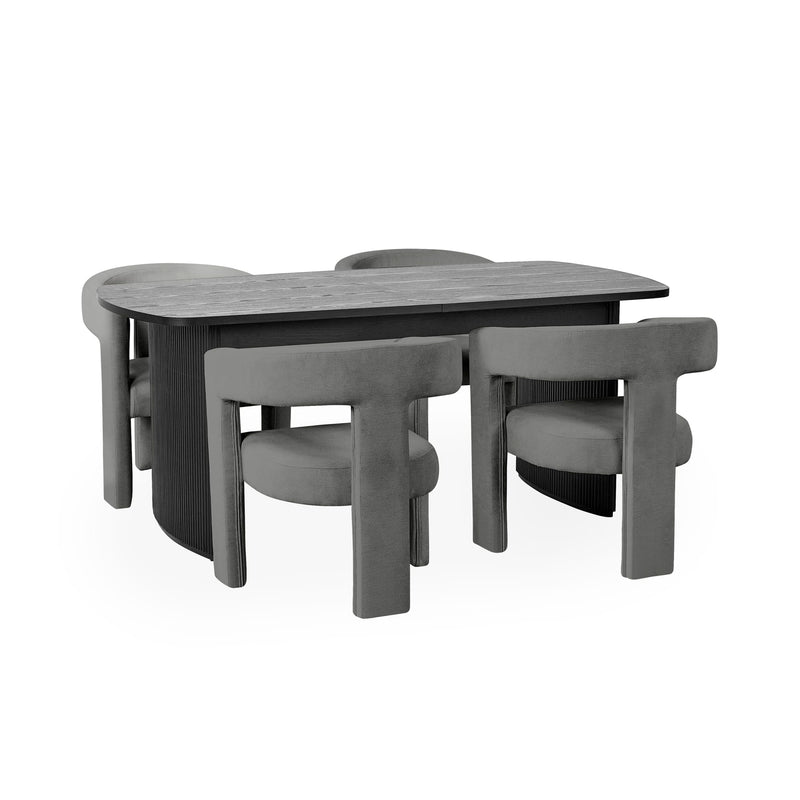 Gray outdoor furniture set with a table and four chairs on a white background