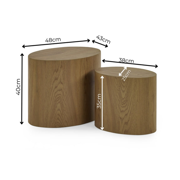 Two wooden stools with measurements on a white background
