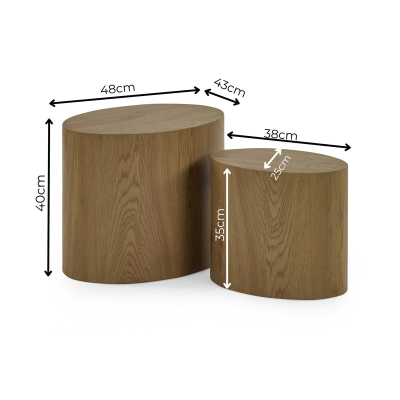 Two wooden stools with measurements on a white background