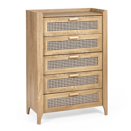Wooden dresser with rattan-style drawer fronts on a white background