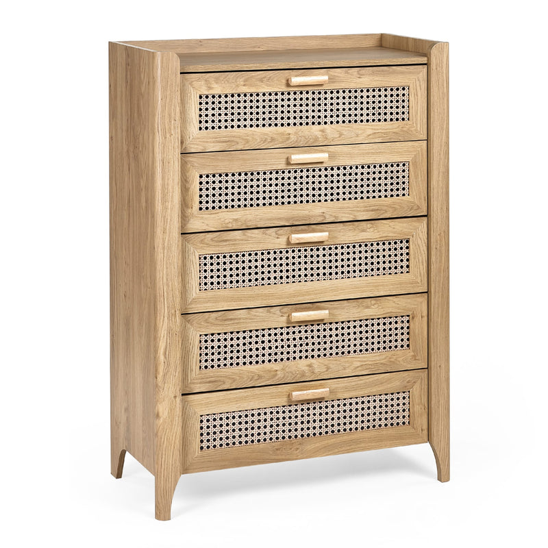 Wooden dresser with rattan-style drawer fronts on a white background