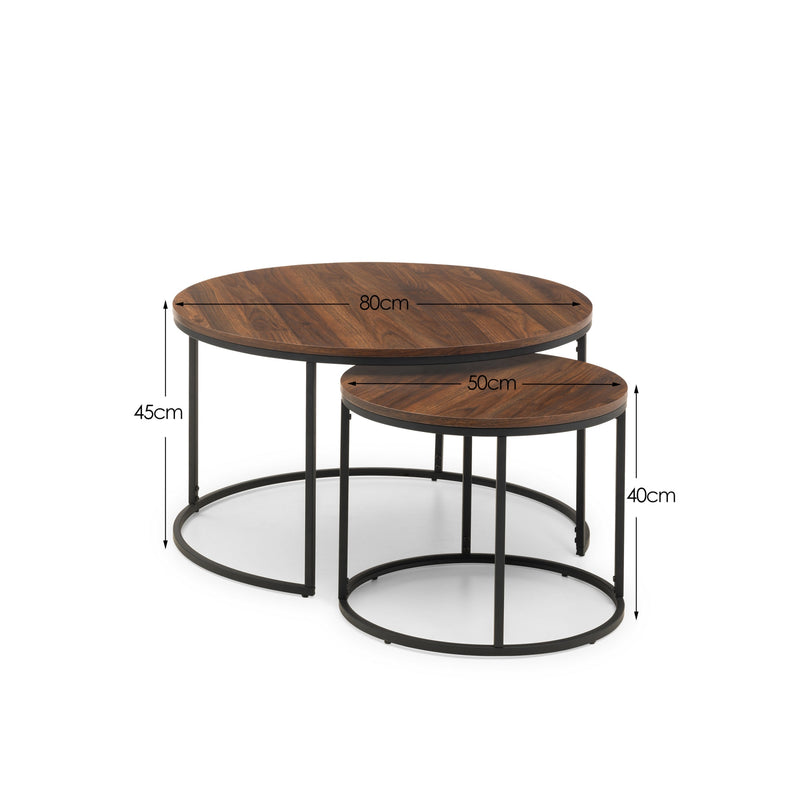 Set of two wooden coffee tables with dimensions on a white background
