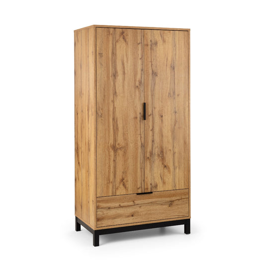 Wooden wardrobe with two doors and a drawer on a white background