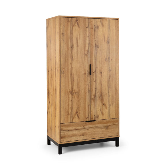 Wooden wardrobe with two doors and a drawer on a white background