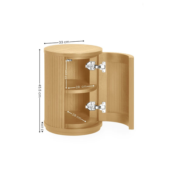 Wooden cabinet with open door showing dimensions on a white background