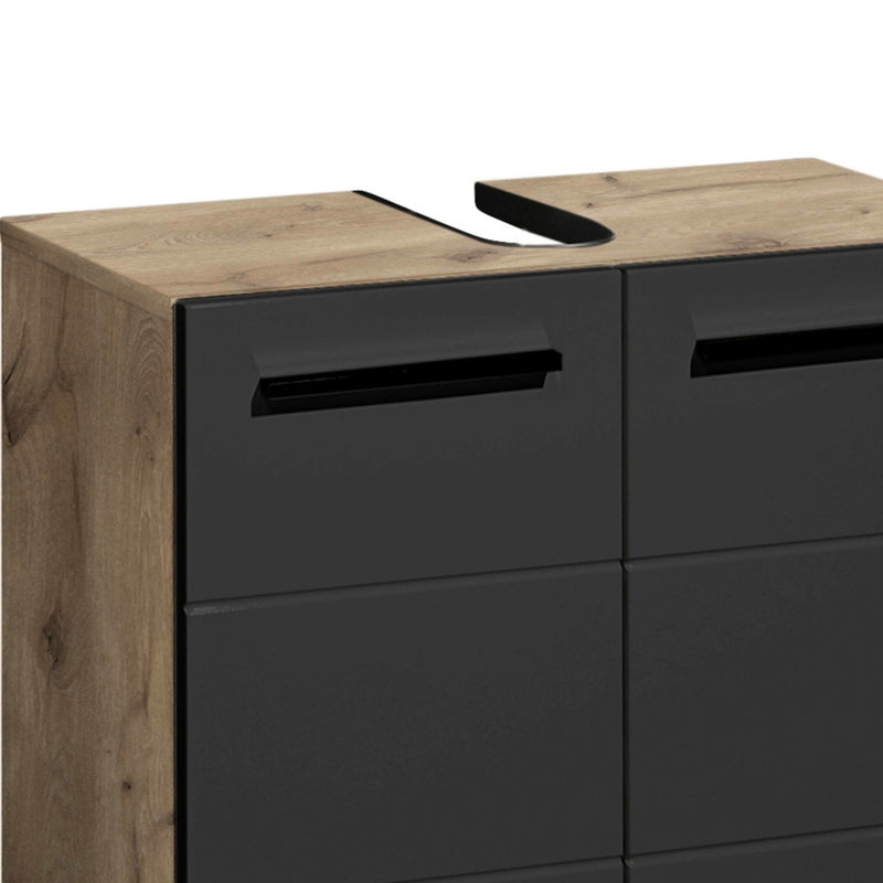 Wooden sideboard with black drawers on a white background
