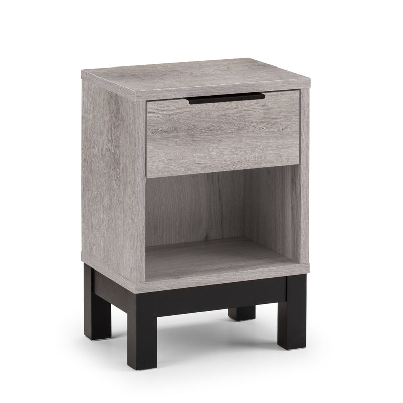Gray nightstand with a drawer on a white background