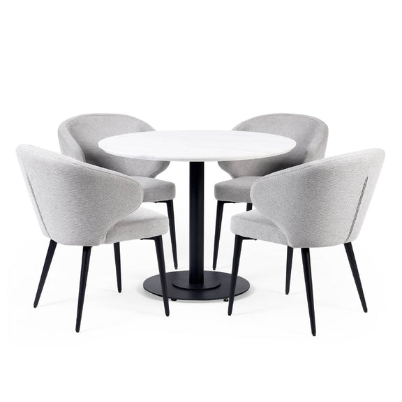 Round white table with four gray chairs on a white background