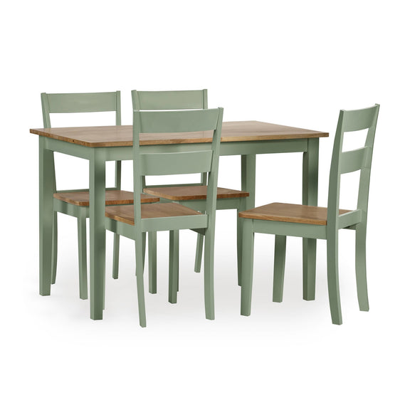 Dining table set with four matching chairs on a white background
