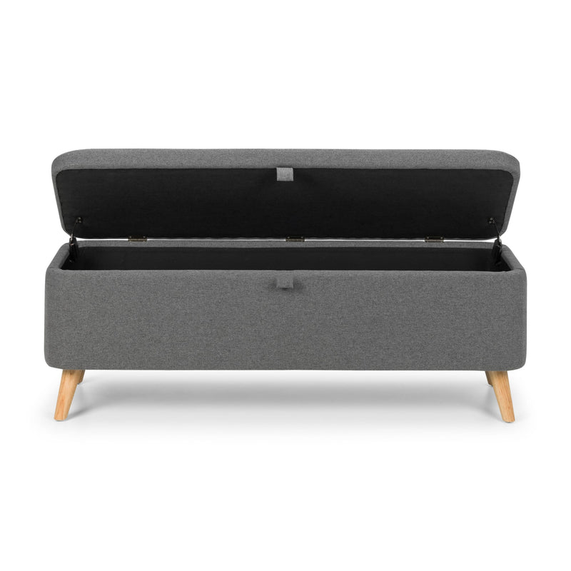 Gray storage bench with wooden legs on a white background