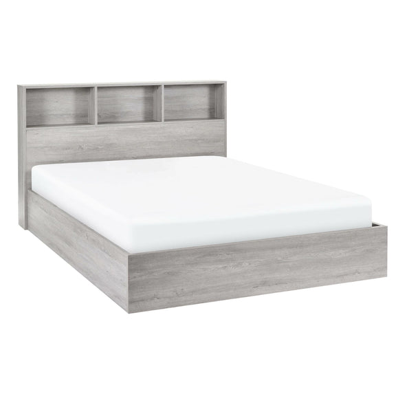 Wooden bed frame with white mattress on a white background