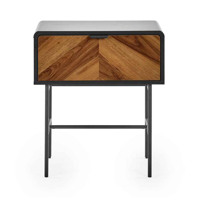Wooden side table with chevron pattern and metal frame on a white background