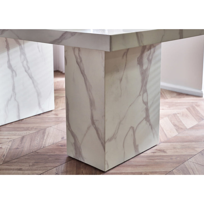 Marble-patterned table leg on a wooden floor