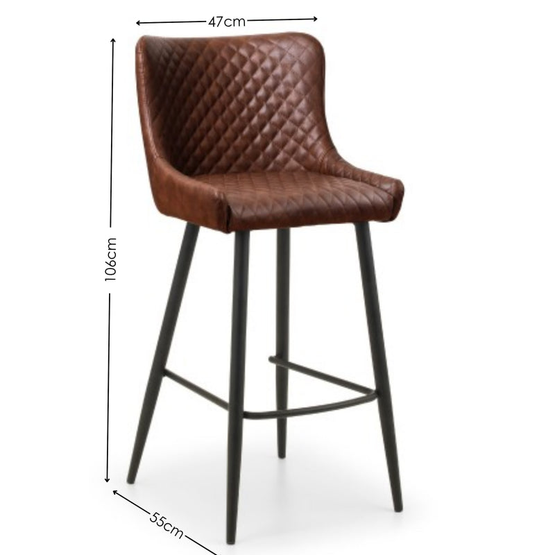 Brown bar stool with dimensions on a white background