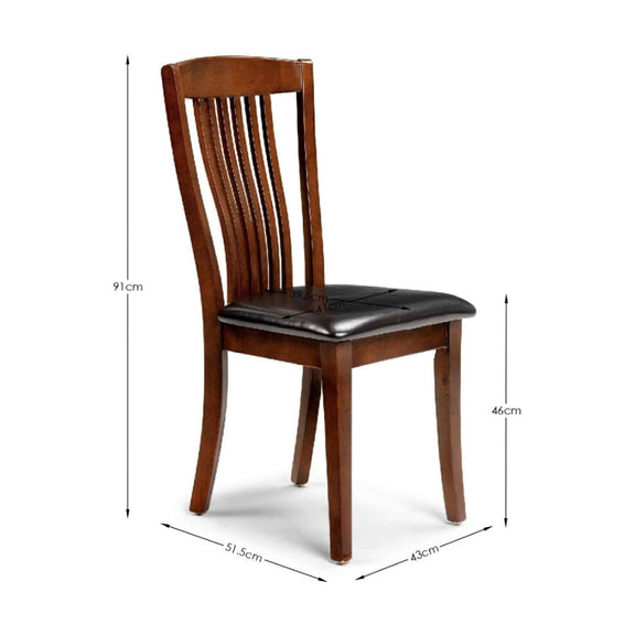 Wooden chair with black cushioned seat and dimensions labeled on a white background