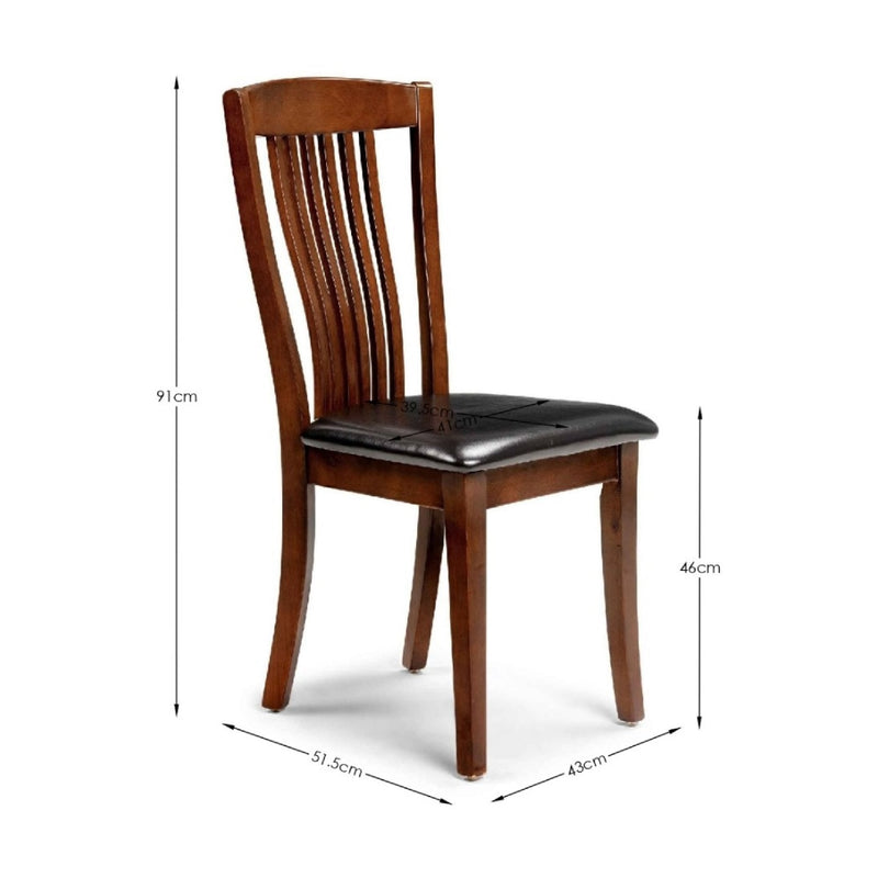Wooden chair with black cushioned seat and dimensions labeled on a white background