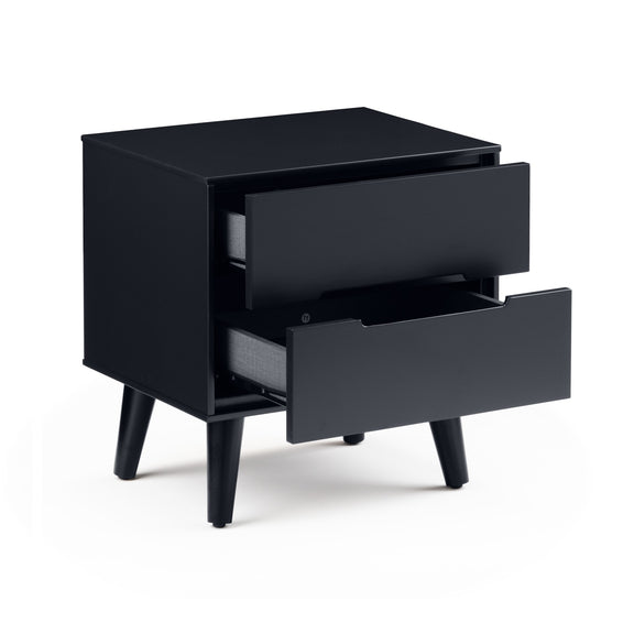 Black nightstand with two drawers on a white background