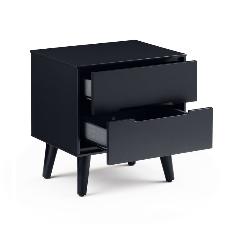 Black nightstand with two drawers on a white background
