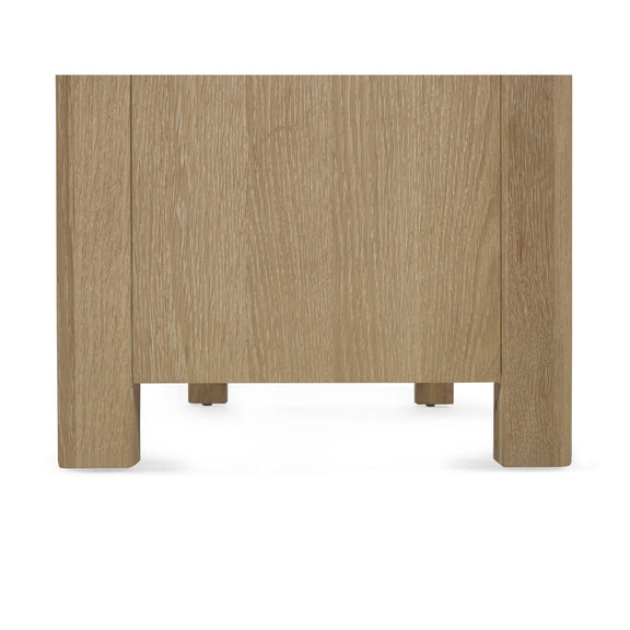 Wooden side table with a light brown finish on a white background