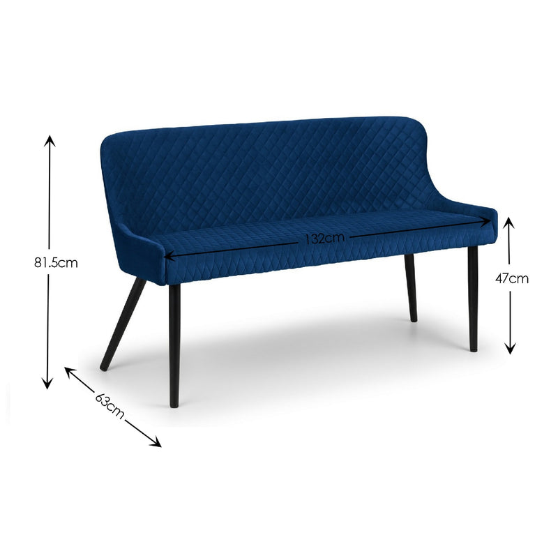 Blue sofa with dimensions indicated on a white background