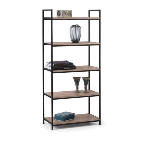 Bookshelf with wooden shelves and black metal frame on a white background