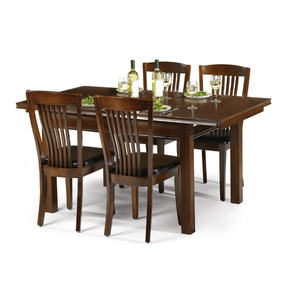 Wooden dining table set with chairs on a white background