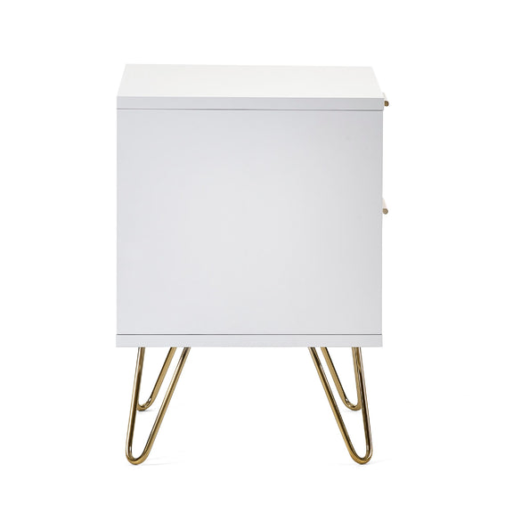 White nightstand with gold hairpin legs on a white background