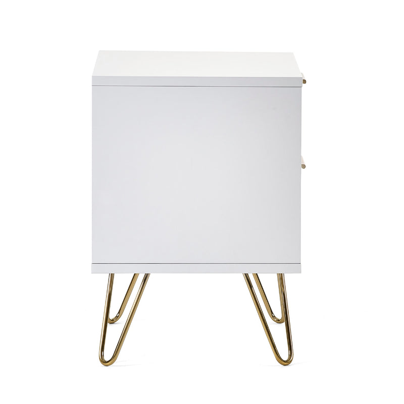 White nightstand with gold hairpin legs on a white background