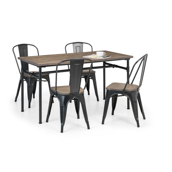 Dining set with wooden table and black metal chairs on a white background