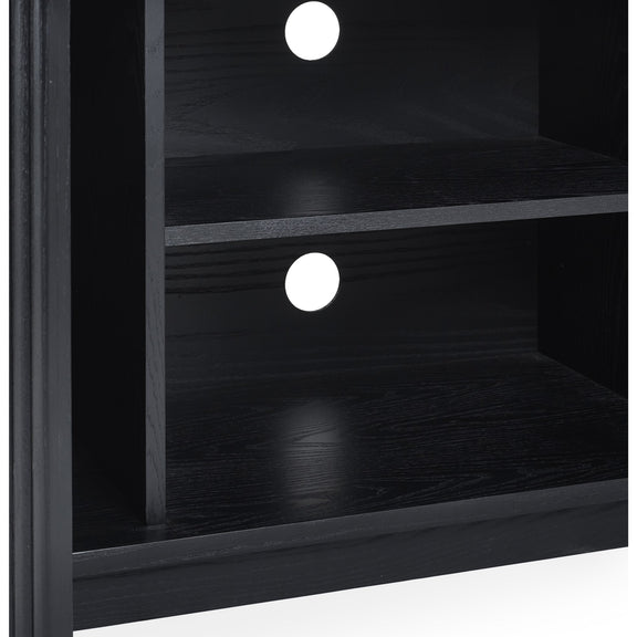 Black shelving unit with two round lights on a white background