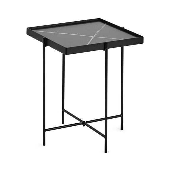 Black metal side table with a gray marble-like top on a white background
