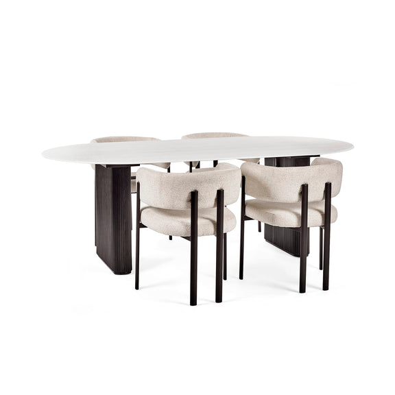 Dining table with four chairs on a white background