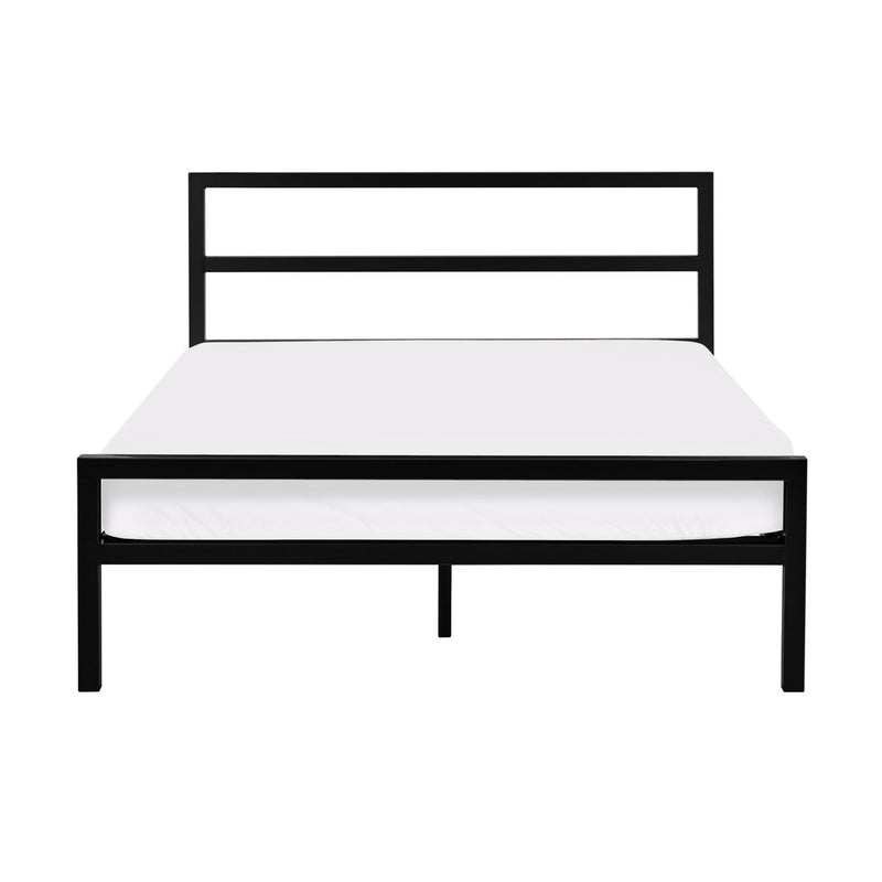 Black metal bed frame with white mattress on a white background