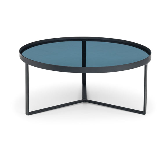Round coffee table with blue glass top and black metal frame on a white background