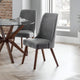 Gray upholstered chairs with wooden legs around a glass dining table in a modern room.