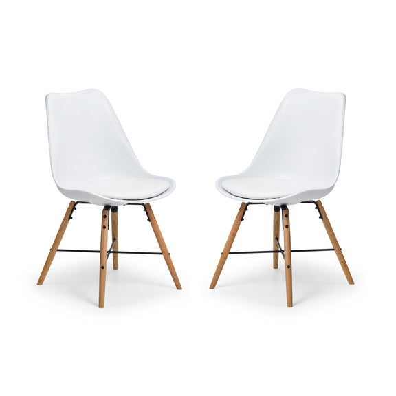 Two white chairs with wooden legs on a white background