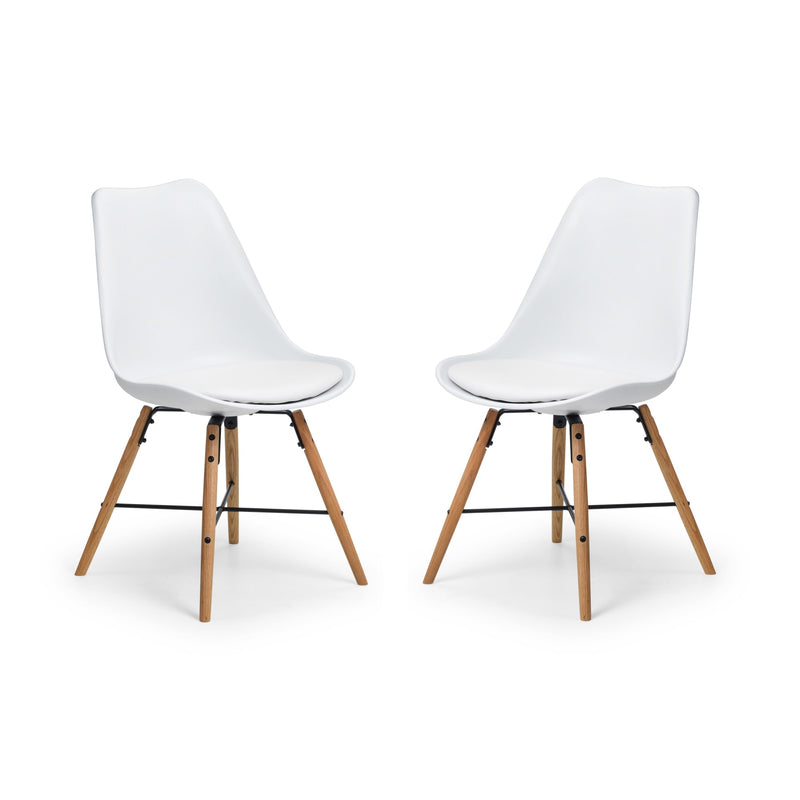 Two white chairs with wooden legs on a white background