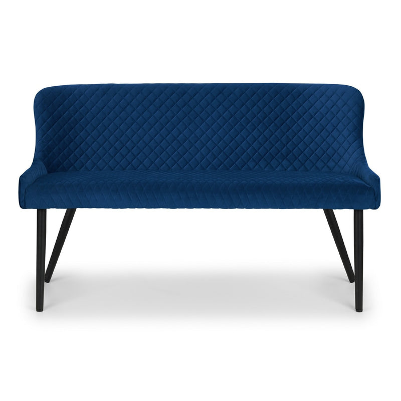 Blue quilted sofa with black legs on a white background