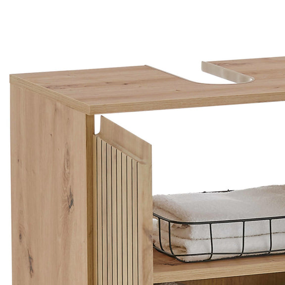 Wooden cabinet with a basket inside on a white background