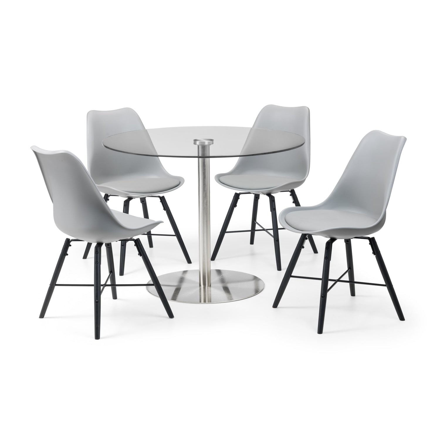 Dining table with four chairs on a white background