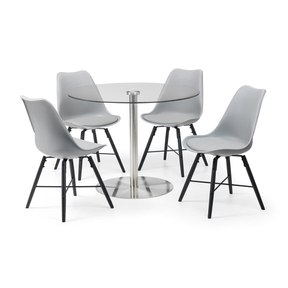 Dining table with four chairs on a white background