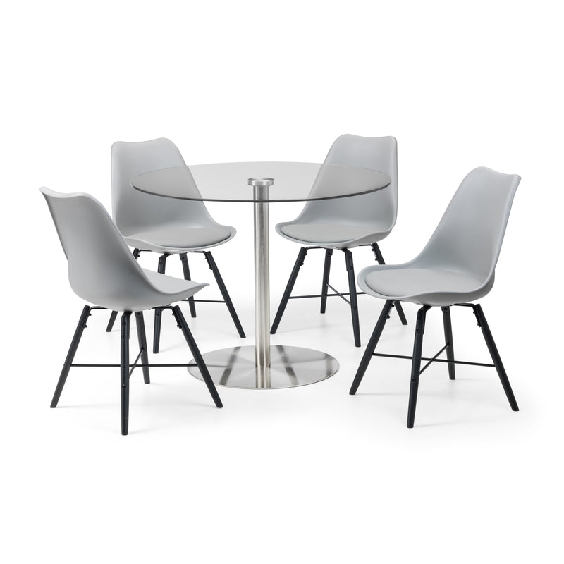 Dining table with four chairs on a white background