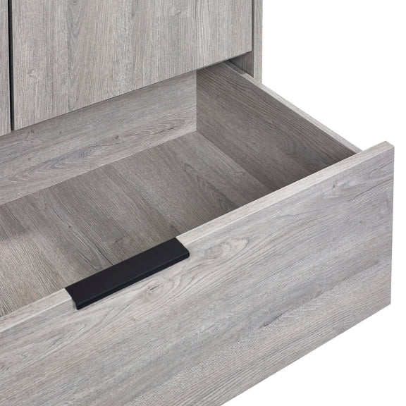 Wooden drawer with a black handle on a white background