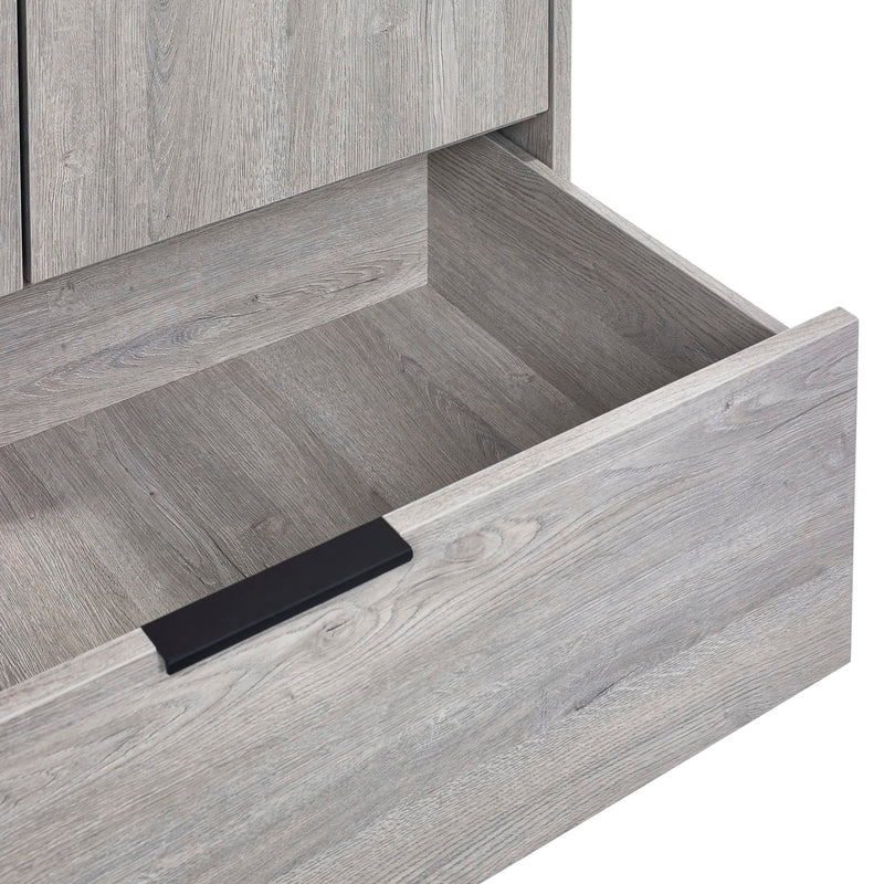 Wooden drawer with a black handle on a white background