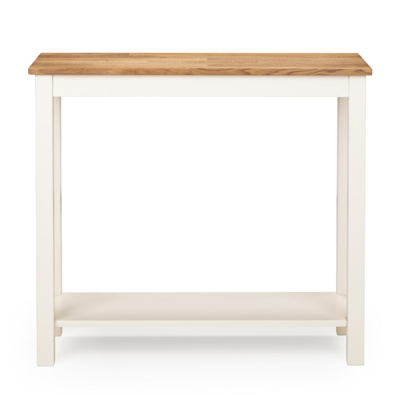 Small table with wooden top and white base on a white background