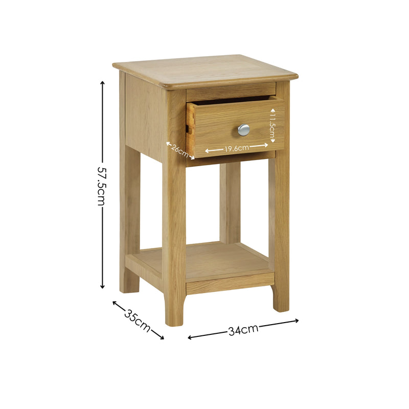 Wooden side table with dimensions on a white background