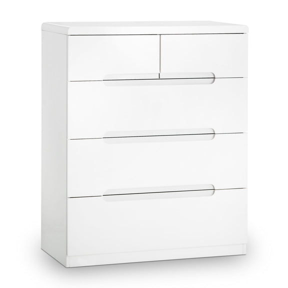 White dresser with four drawers on a white background