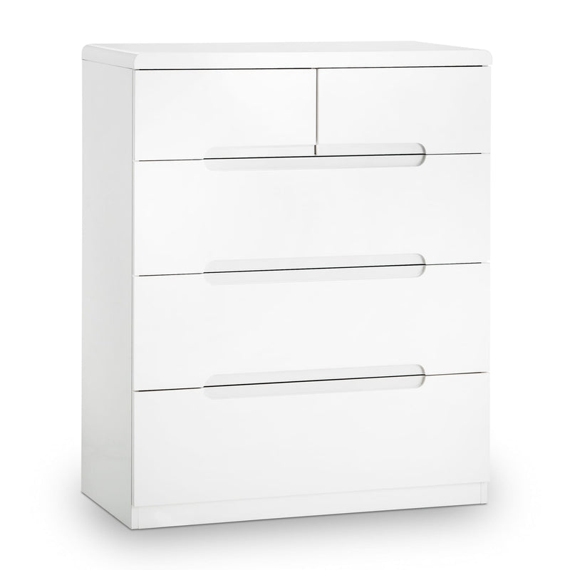 White dresser with four drawers on a white background