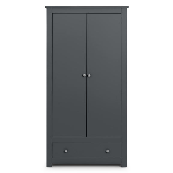 Dark gray wardrobe with two doors and a drawer on a white background